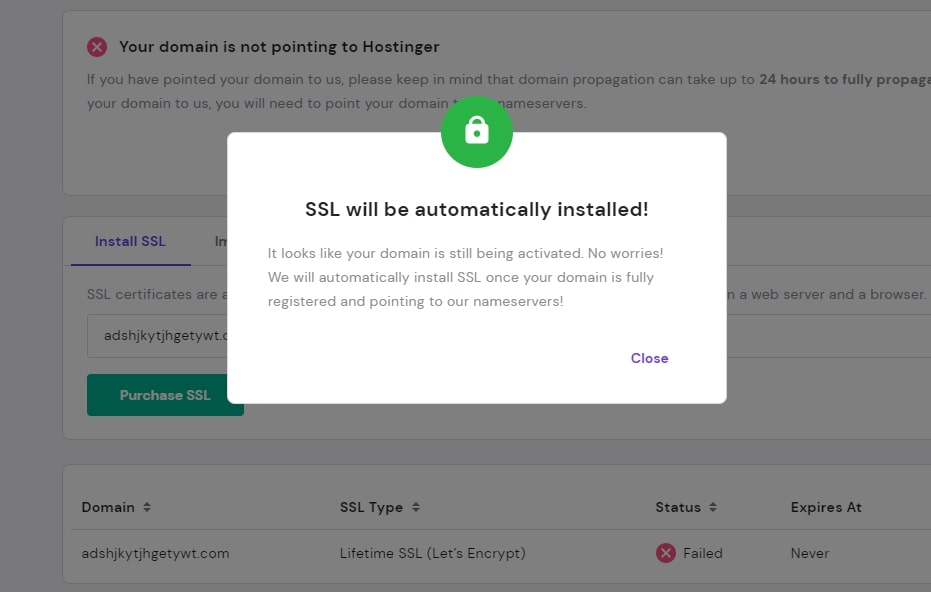 Hostinger's pop up showing that an SSL certificate will be added