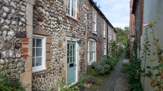 A knapped flint terraced cottage with a mint green front door and a small pathway