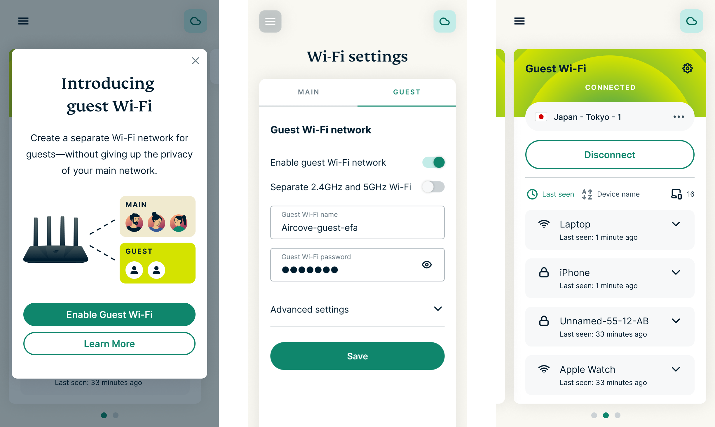 Three screenshots of ExpressVPN Aircove's new Guest Wi-Fi features on the Settings tab