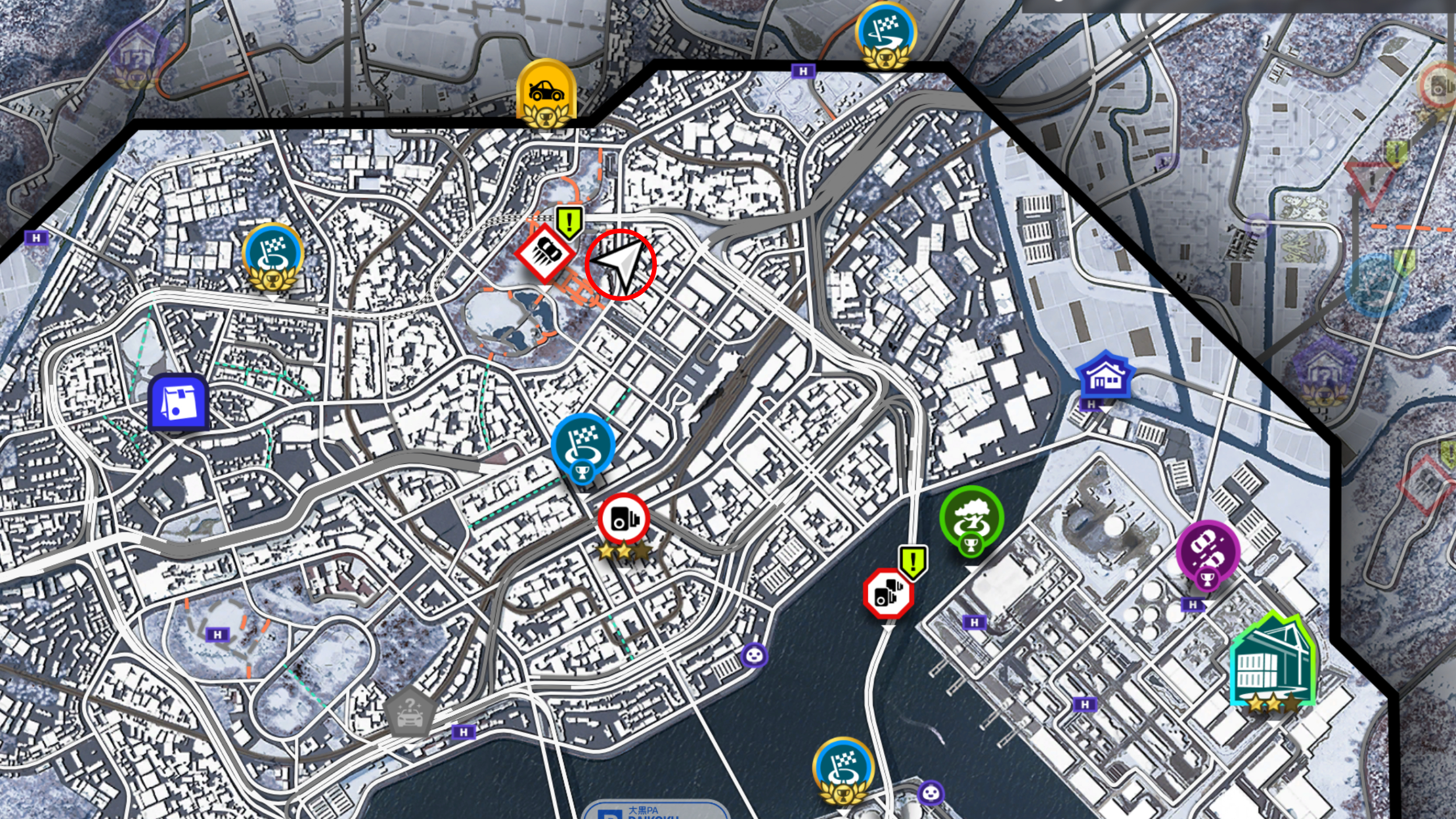Forza Horizon 6 vending machines: A map of Tokyo City with a red circle showing a good location to find vending machines.