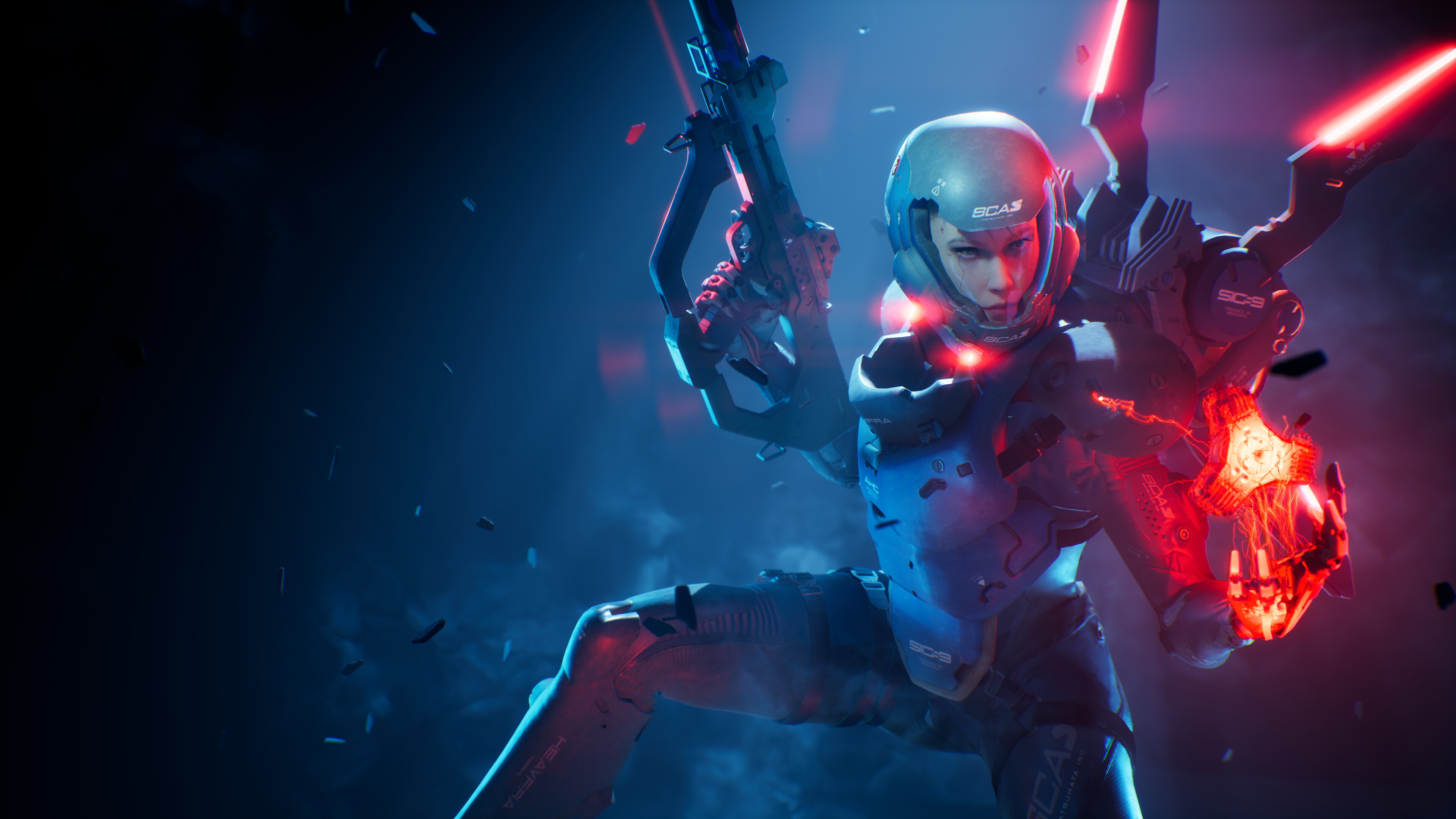 Metal Eden protagonist Hyper Unit Aska wearing her winged armor. She's crouched down, facing the right side, and holds her gun up like she's looking around a corner for enemies.