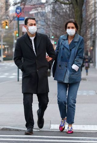 new york city, ny january 13 katie holmes and emilio vitolo jr are seen on january 13, 2021 in new york city, new york photo by megagc images