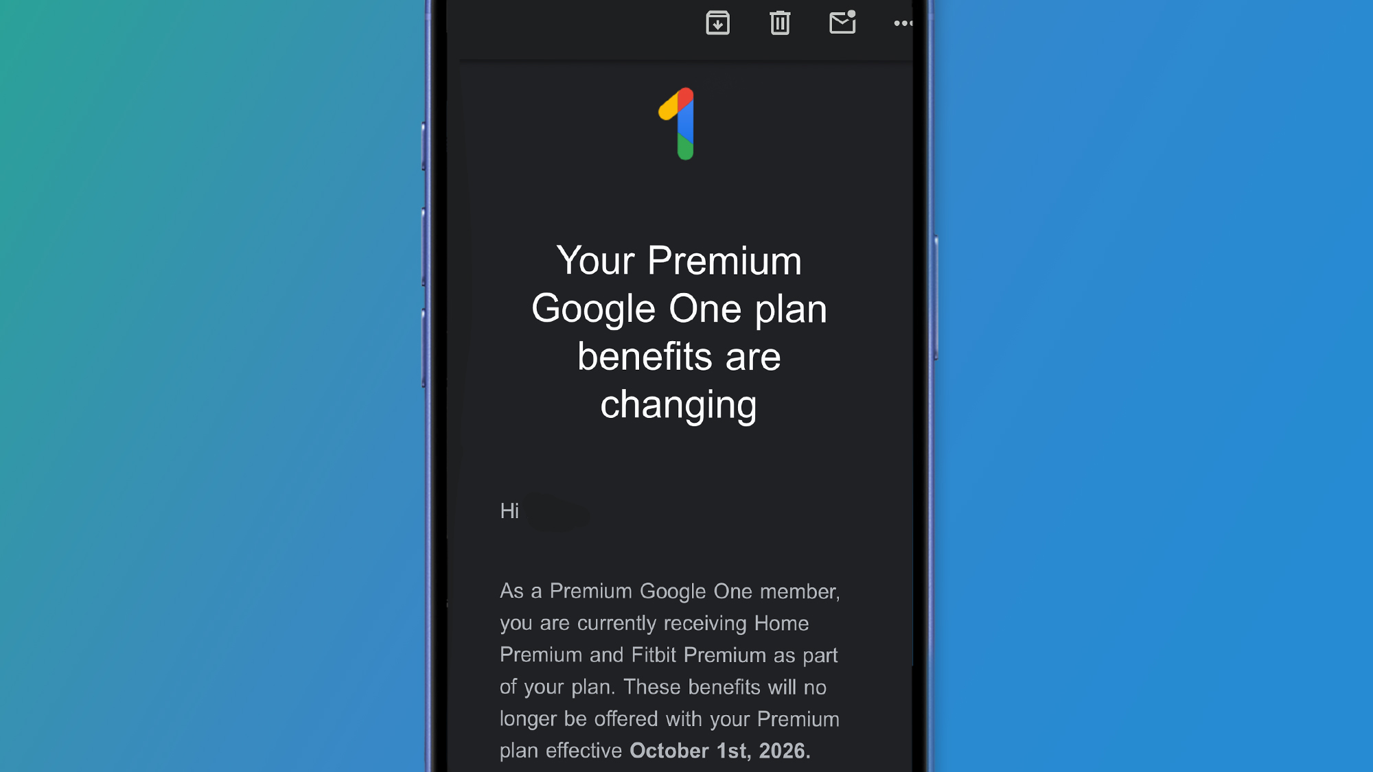 A phone on a green and blue background showing an email about Google One subscriptions changing