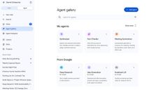 A screenshot of Google Cloud's Gemini Enterprise app, specifically the Agent gallery screen demonstrating pre-built agents for deployment such as 'Synthesizer', 'Deep Research', and 'Idea Generation'.