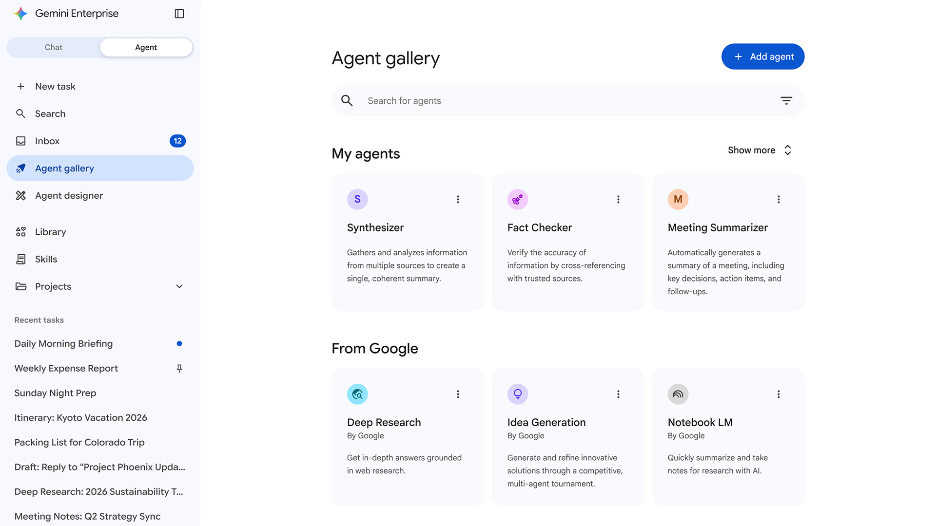 A screenshot of Google Cloud's Gemini Enterprise app, specifically the Agent gallery screen demonstrating pre-built agents for deployment such as 'Synthesizer', 'Deep Research', and 'Idea Generation'.