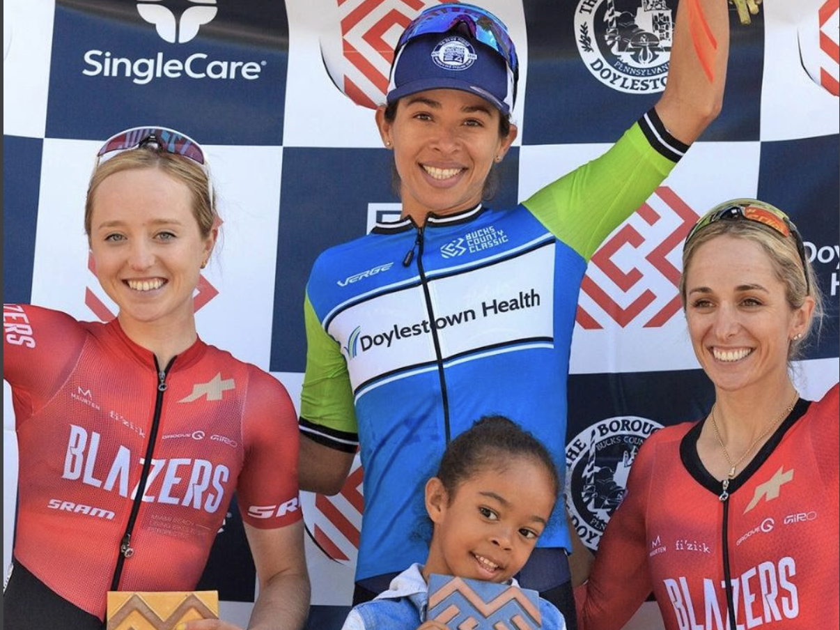 Women's podium at 2024 Doylestown Health pro women's race at Bucks County Classic