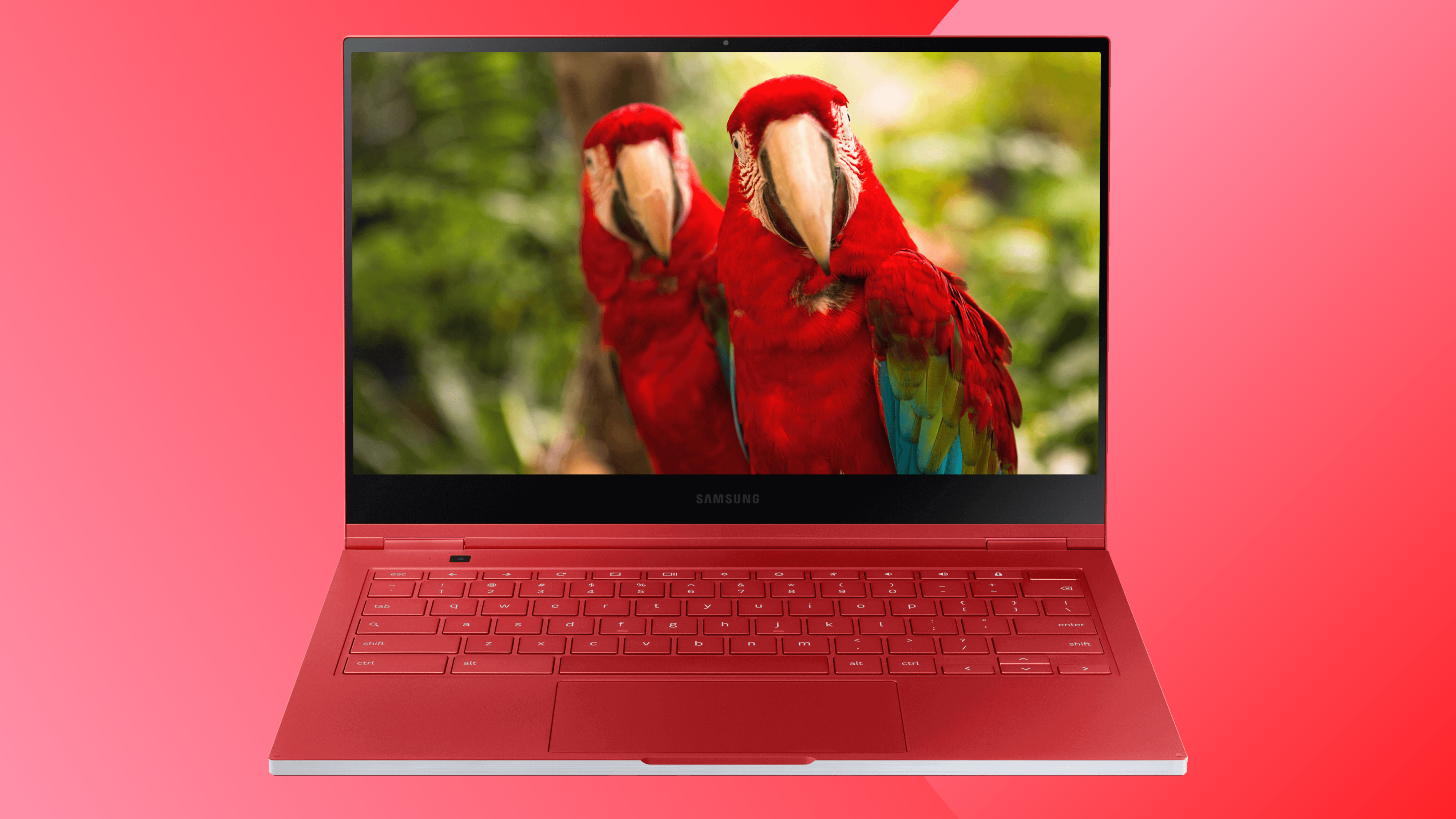 A Samsung laptop Cyber Monday deals image with a Samsung Galaxy Chromebook on a red background