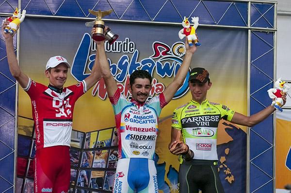 The stage five podium (l-r): Darren Lapthorne (2nd,Drapac Cycling), Jose Serpa (1st,Androni Giocattoli) and Matteo Rabottini (3rd,Farnese Vini).