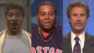 From L to R: Eddie Murphy as Mr. Robinson for the Mr. Robinson's Neighborhood sketch, Kenan Thompson as Michael Che's neighbor Willie on Weekend Update, Will Ferrell as Alex Trebek for the Celebrity Jeopardy! sketch on Saturday Night Live.