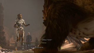 Lae'zel encountering an owlbear in Baldur's Gate 3.