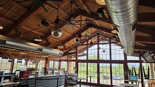 The interior and exterior of the Angry Orchard venue.