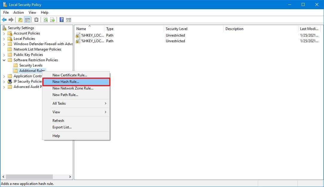 Security policy New Hash Rule