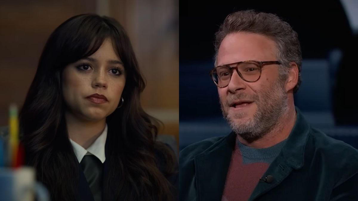 From left to right: a screenshot of Jenna Ortega in Miller&#039;s Girl and a screenshot of Seth Rogen on Jimmy Kimmel Live!.