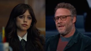 From left to right: a screenshot of Jenna Ortega in Miller's Girl and a screenshot of Seth Rogen on Jimmy Kimmel Live!.