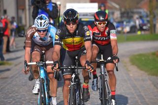 Oliver Naesen (AG2R La Mondiale), Philippe Gilbert (Quick-Step) and Greg Van Avermaet (BMC)