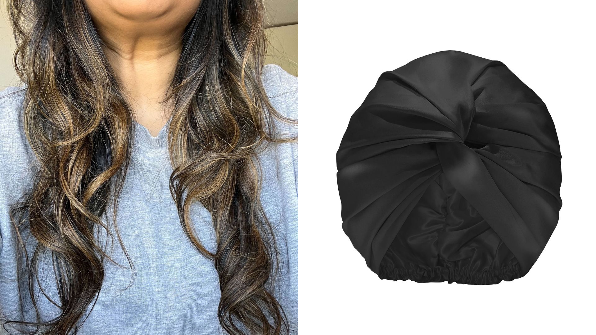 a close-up of Aleesha's hair after using the Slip hair wrap next to a shot of the product