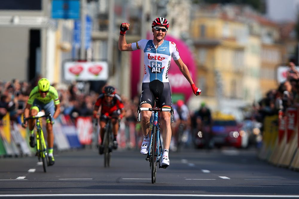 Tim Wellens of Belgium and Lotto Soudal celebrates as he crosses the finish line to win stage 7 of the 2016 Paris-Nice