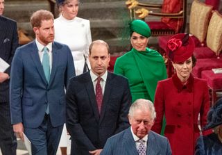 Britain's Prince Harry, Duke of Sussex (L) and Britain's Meghan, Duchess of Sussex (2nd R) follow Britain's Prince William, Duke of Cambridge (C) and Britain's Catherine, Duchess of Cambridge (R) as they depart Westminster Abbey after attending the annual Commonwealth Service in London on March 9, 2020.