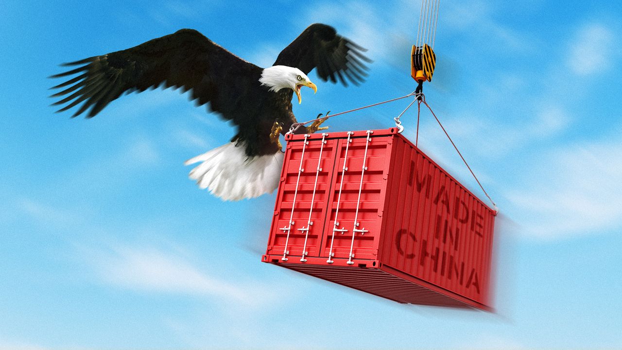 Illustration of an American eagle attacking a Chinese export container