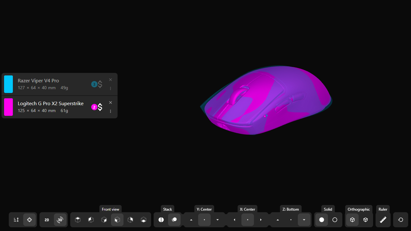 A stacked 3D comparison of the Logitech G Pro X2 Superstrike and Razer Viper V4 Pro mouse shapes on eloshapes.com.