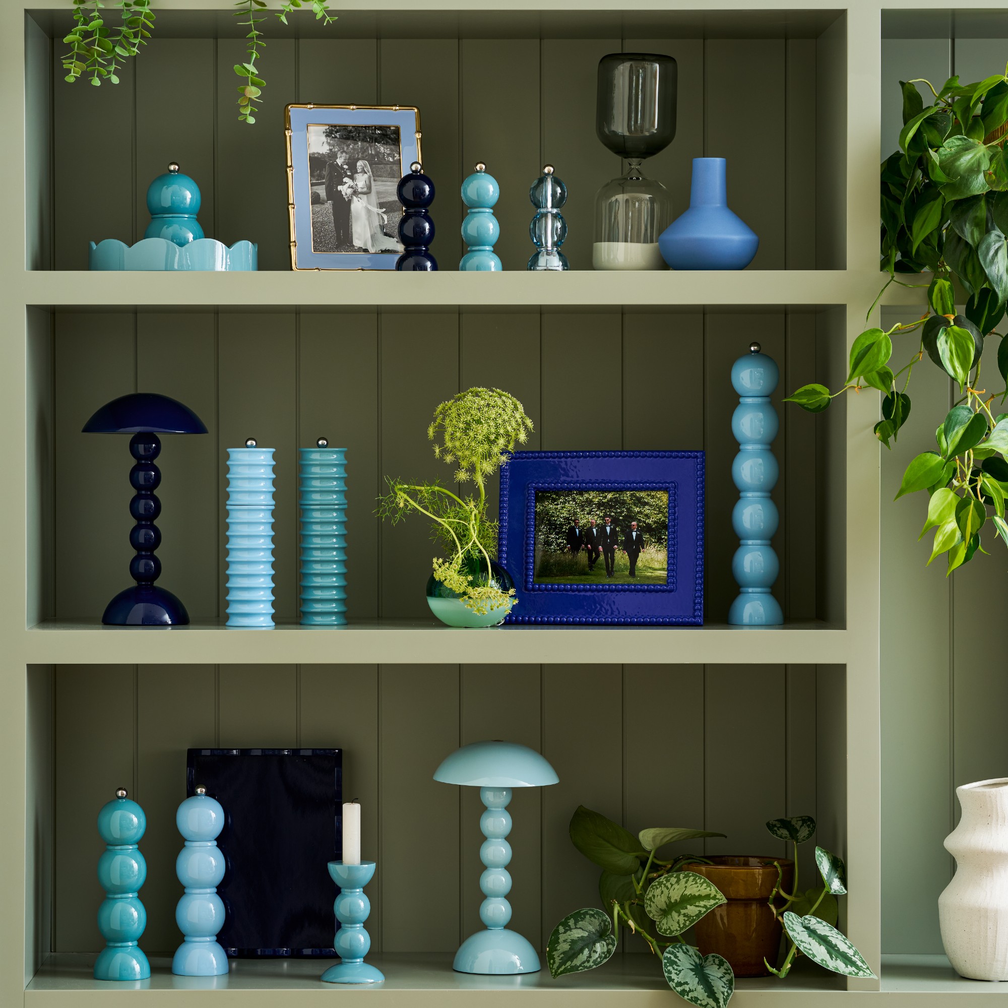Addison Ross bobbin lamps in blue shades next to tonal salt and pepper mills and photo frames on green bookshelves