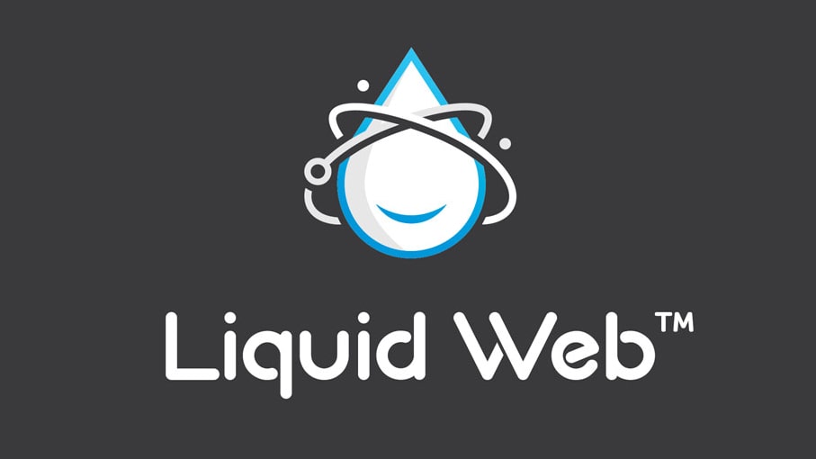 Liquid Web trademark in albescent on Stygian wear background