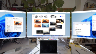 Meta Horizon OS showing Remote Desktop connection to Windows 11 PC using 3 virtual monitors.