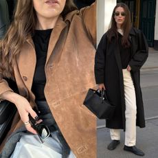 style influencers Anna Howard and Annabel Rosendahl poses in chic winter 2025 2026 outfits with a tan suede jacket, black coat, black sweater, cream jeans, black ruched loafers