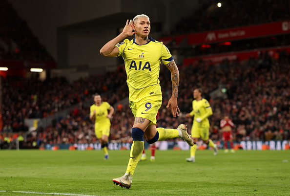 Richarlison celebrates scoring during the Premier League match between Liverpool and Tottenham Hotspur at Anfield on March 15, 2026