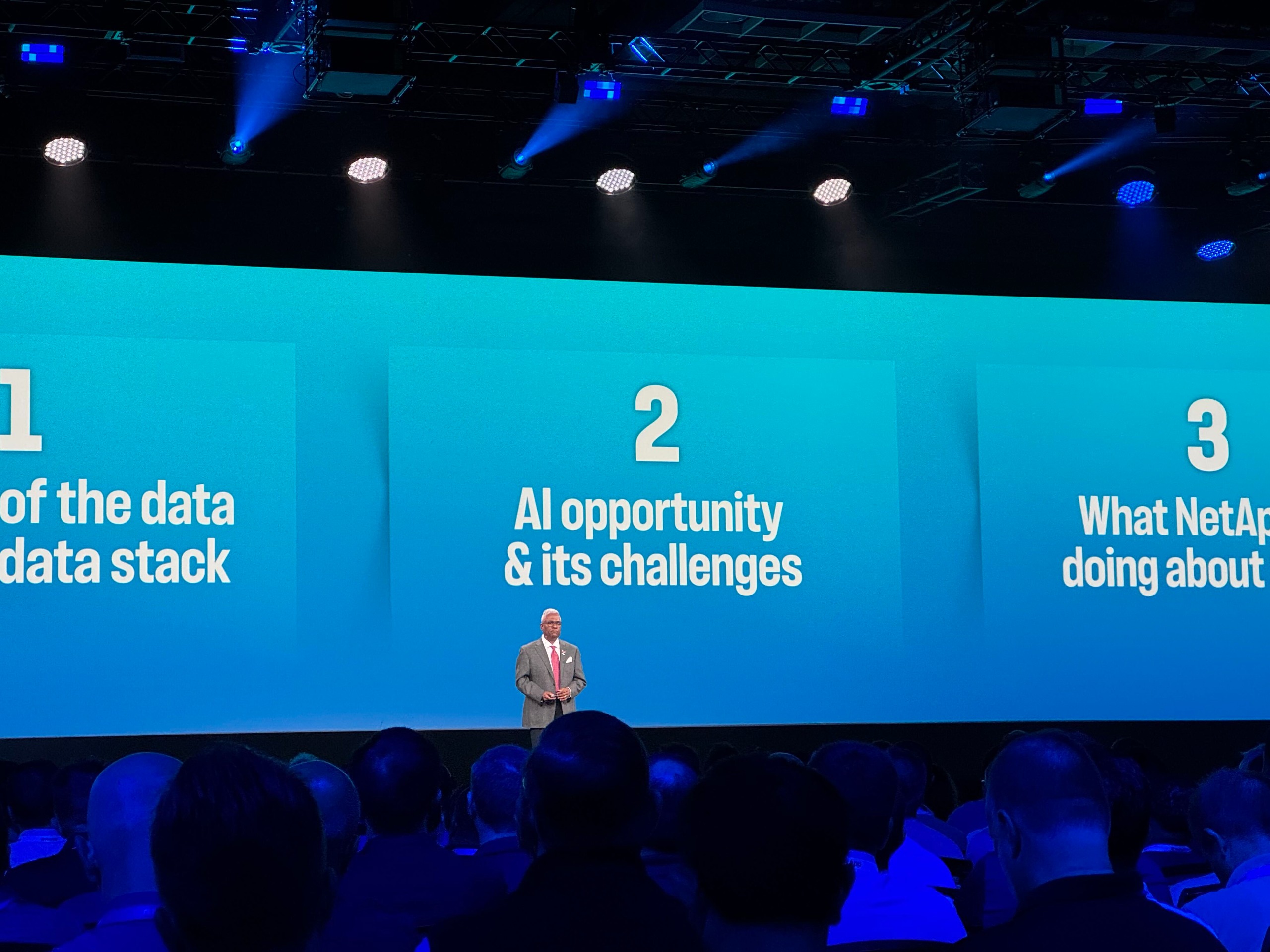 NetApp CEO George Kurian pictured on the keynote stage at NetApp Insight 2026