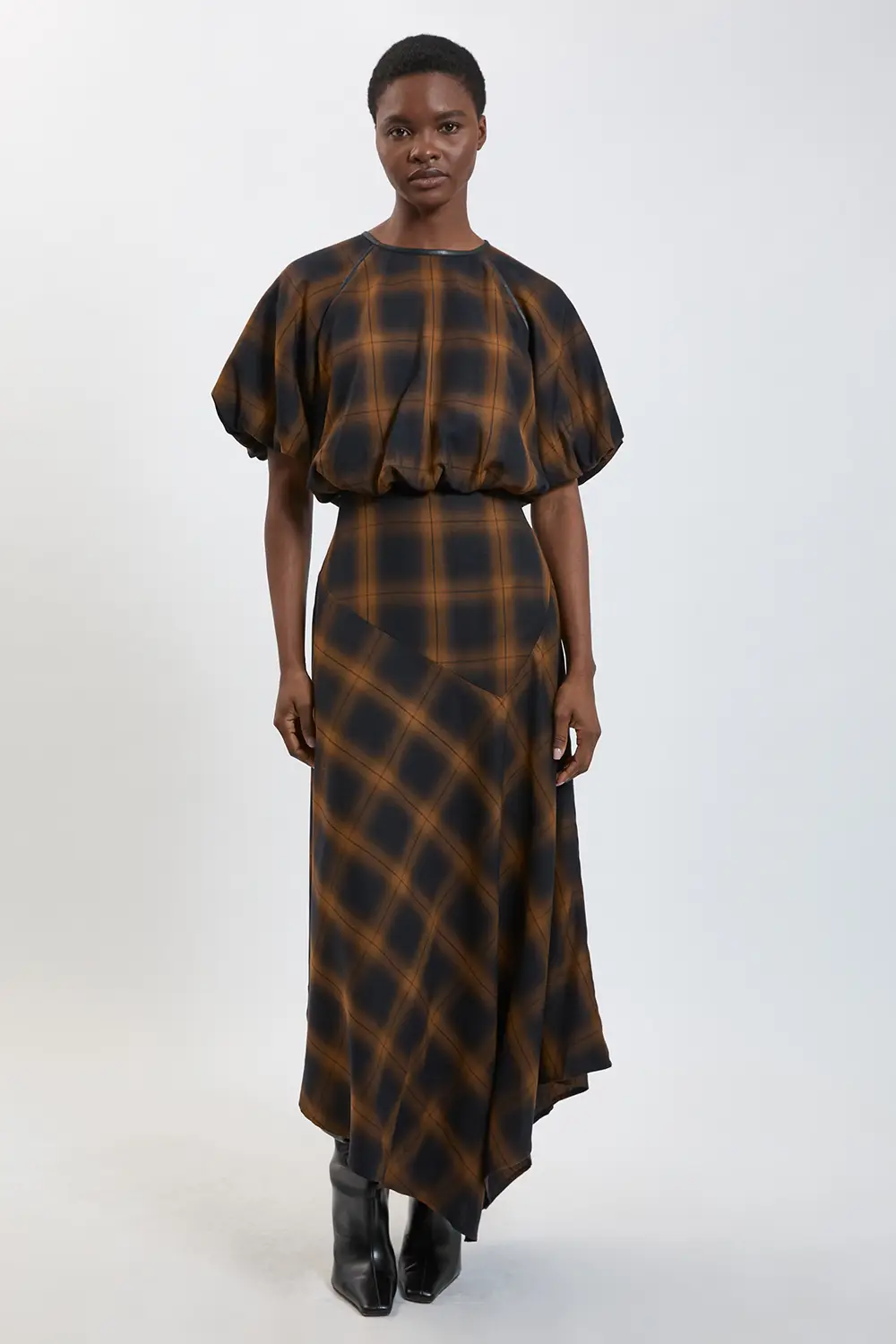 Karen Millen, Check PU Trim Asymmetric Hem Midi Dress