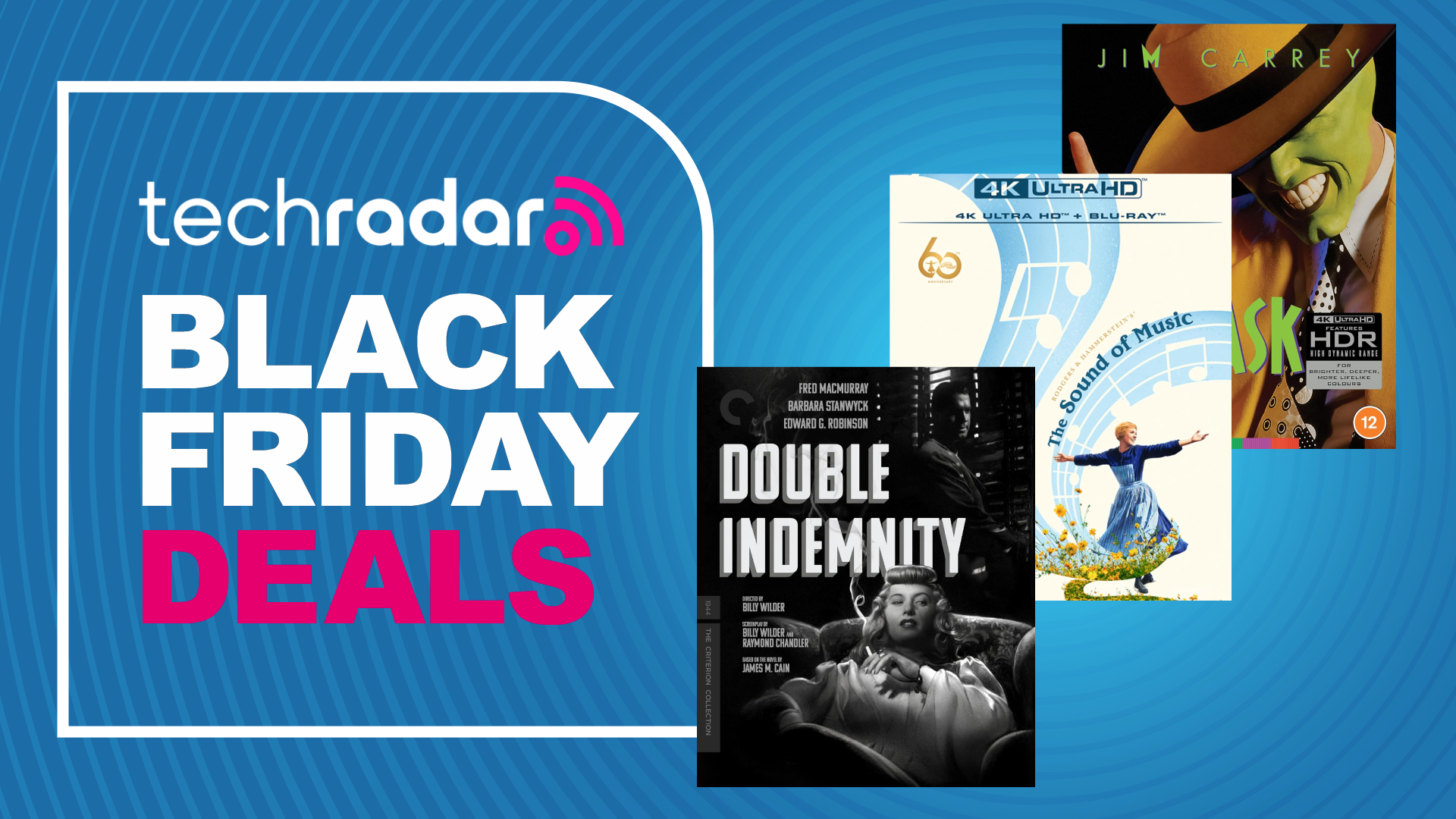 4K Blu-ray Black Friday deal image with Double Indemnity, The Sound of Music and The Mask covers displayed 