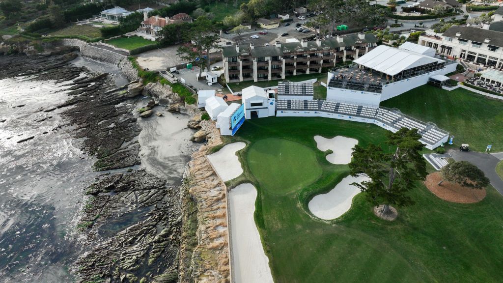 An aerial view of the 18th green is seen prior to AT&amp;T Pebble Beach Pro-Am at Pebble Beach Golf Links on January 29, 2025 in Pebble Beach, California.