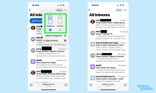 selecting list view from the layout options to change the layout of the mail app