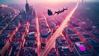 AI image generated with the prompt "Santa in his sleigh flying very high over the street grids of Barcelona with a view of Las Ramblas"