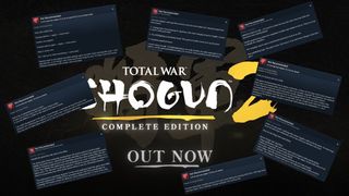 Dark promotional banner for Total War: Shogun Complete Edition, featuring Japanese-inspired artwork, floating review snippets, and “Out Now” text.