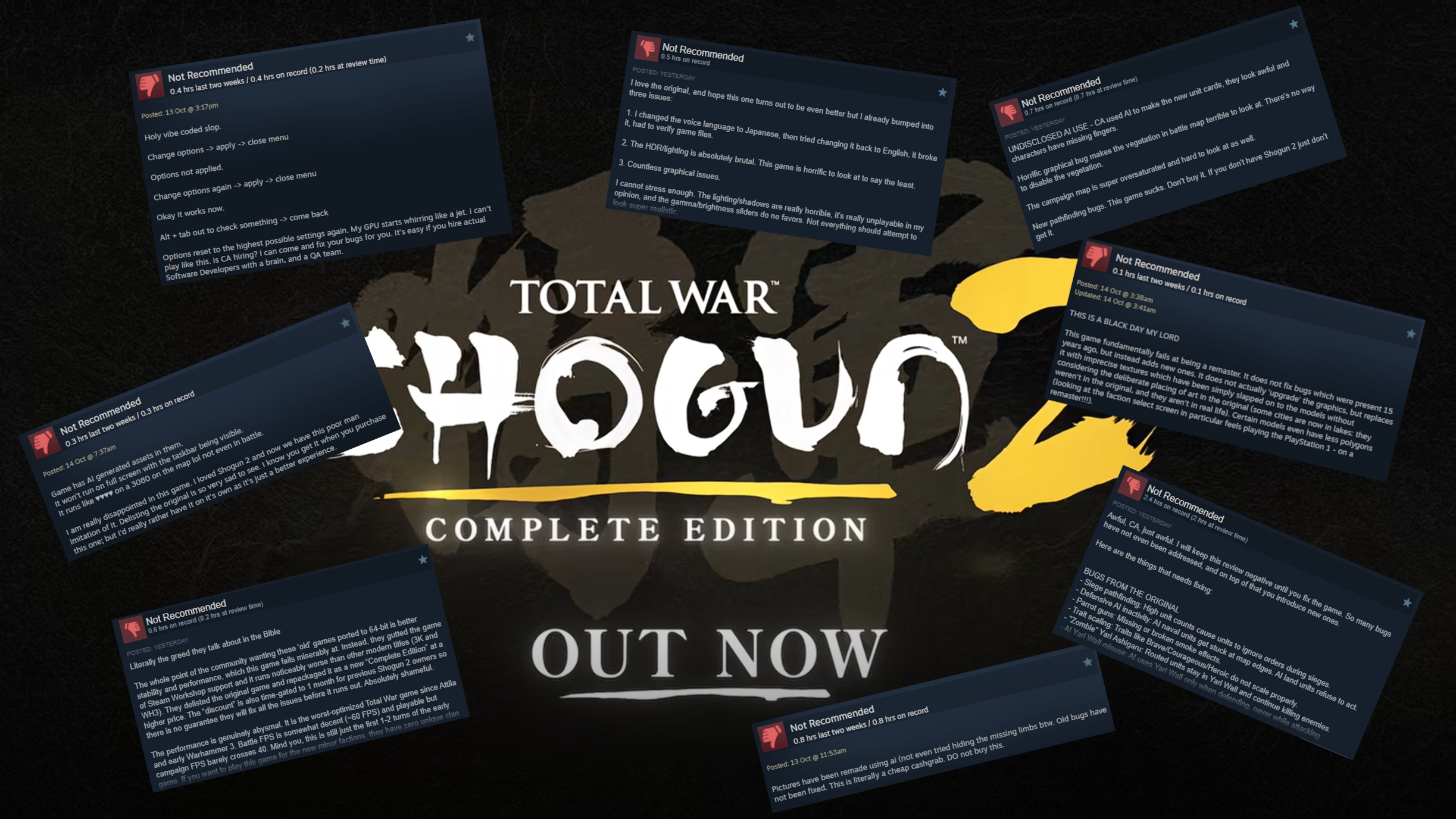 Dark promotional banner for Total War: Shogun Complete Edition, featuring Japanese-inspired artwork, floating review snippets, and &ldquo;Out Now&rdquo; text.
