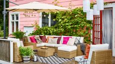 small deck ideas from Ikea with corner sofa and parasol