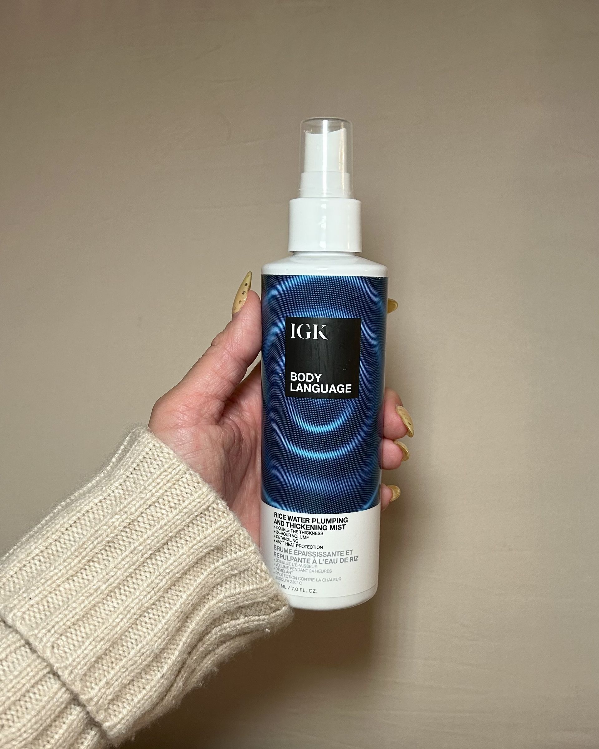 An image of the IGK Body Language Rice Water Plumping & Thickening Mist by Alyssa Brascia.