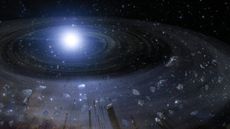 An illustration of rocky debris around a white dwarf.