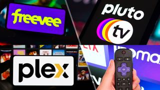 (Clockwise from top) the Pluto TV logo, a Roku remote in front of a TV, the Plex logo on a phone and the Freevee logo on a phone — four ways to get free tv and movies online