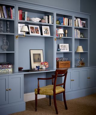 study with blue walls and blue cabinets in Edinburgh Georgian townhouse designed by Jessica Buckley