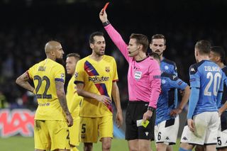 Barcelona finished the match with 10 men following a late red card for Arturo Vidal in Naples