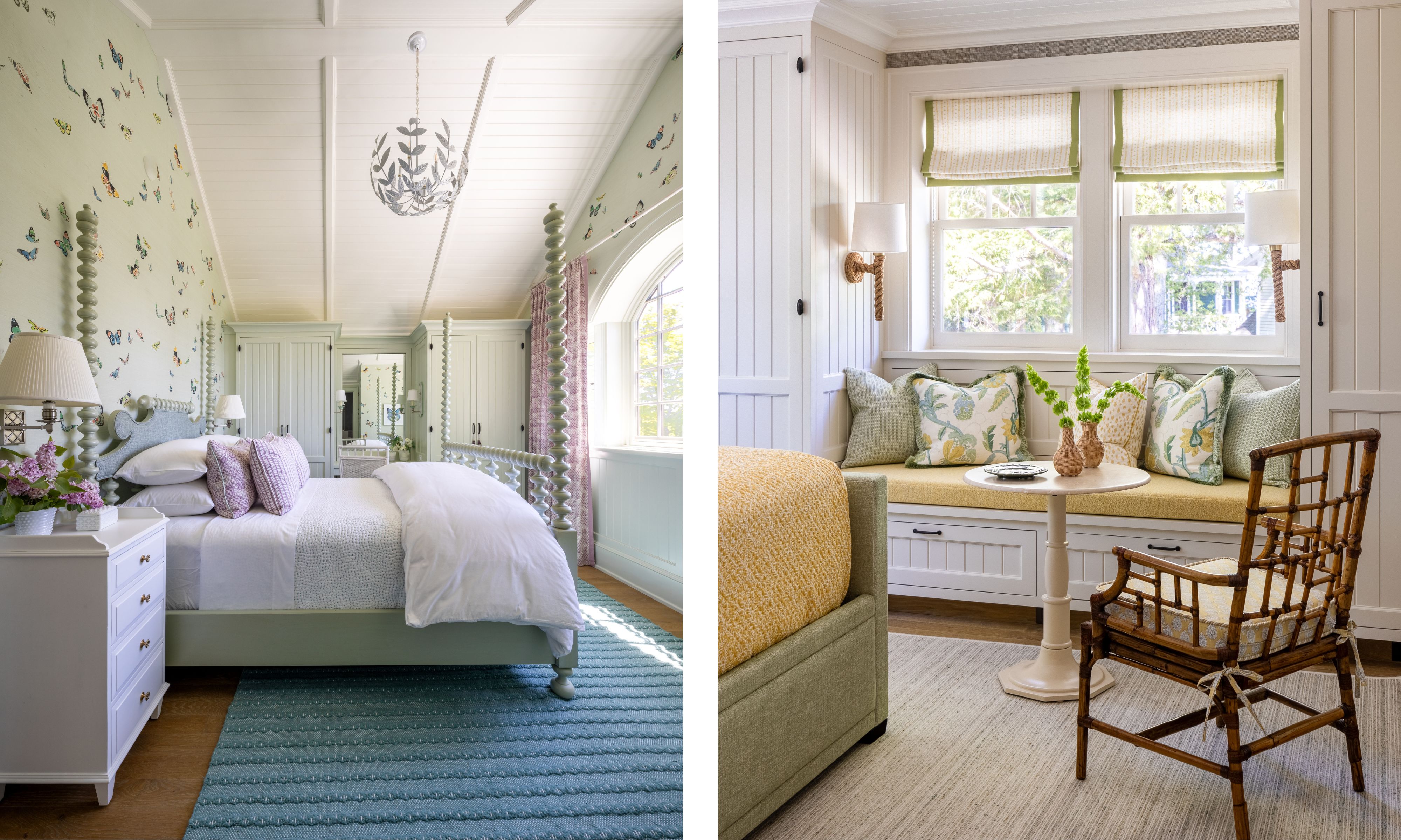 two side by side images of blue and green bedrooms with hints of white and yellow