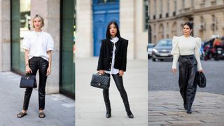 street style showing how to style leather pants with monochrome