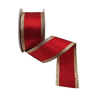 Kltribbon Wired Satin Ribbon Double Sided Red Ribbon With Gold Lame Edges,1.5 Inch X 10 Yards