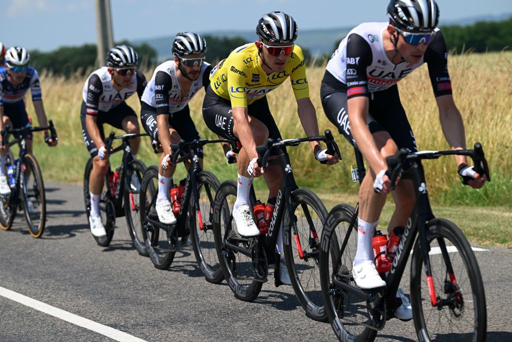 SALINSLESBAINS JUNE 08 Mikkel Bjerg of Denmark and UAE Team Emirates Yellow leader jersey competes during the 75th Criterium du Dauphine 2023 Stage 5 a 1911km stage from CormoranchesurSane to SalinslesBains UCIWT on June 08 2023 in SalinslesBains France Photo by Dario BelingheriGetty Images