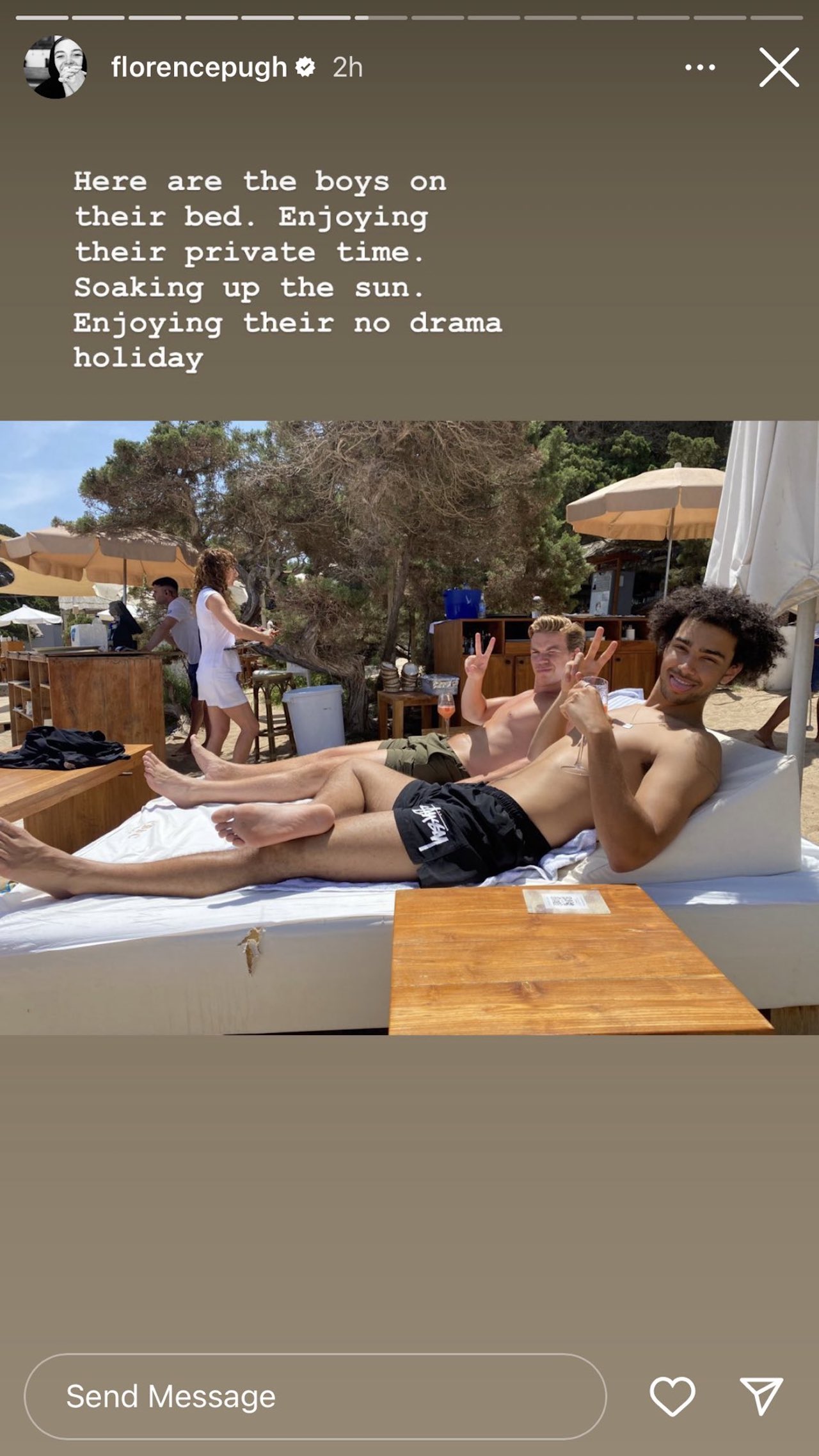 Will Poulter and Archie Madekwe in vacation in Ibiza from Florence Pugh's instagram story