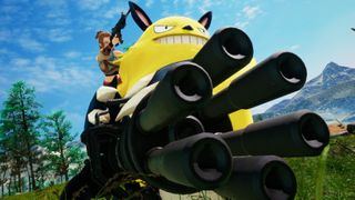 giant yellow creature holding giant gun while a person rides on it also carrying a gun