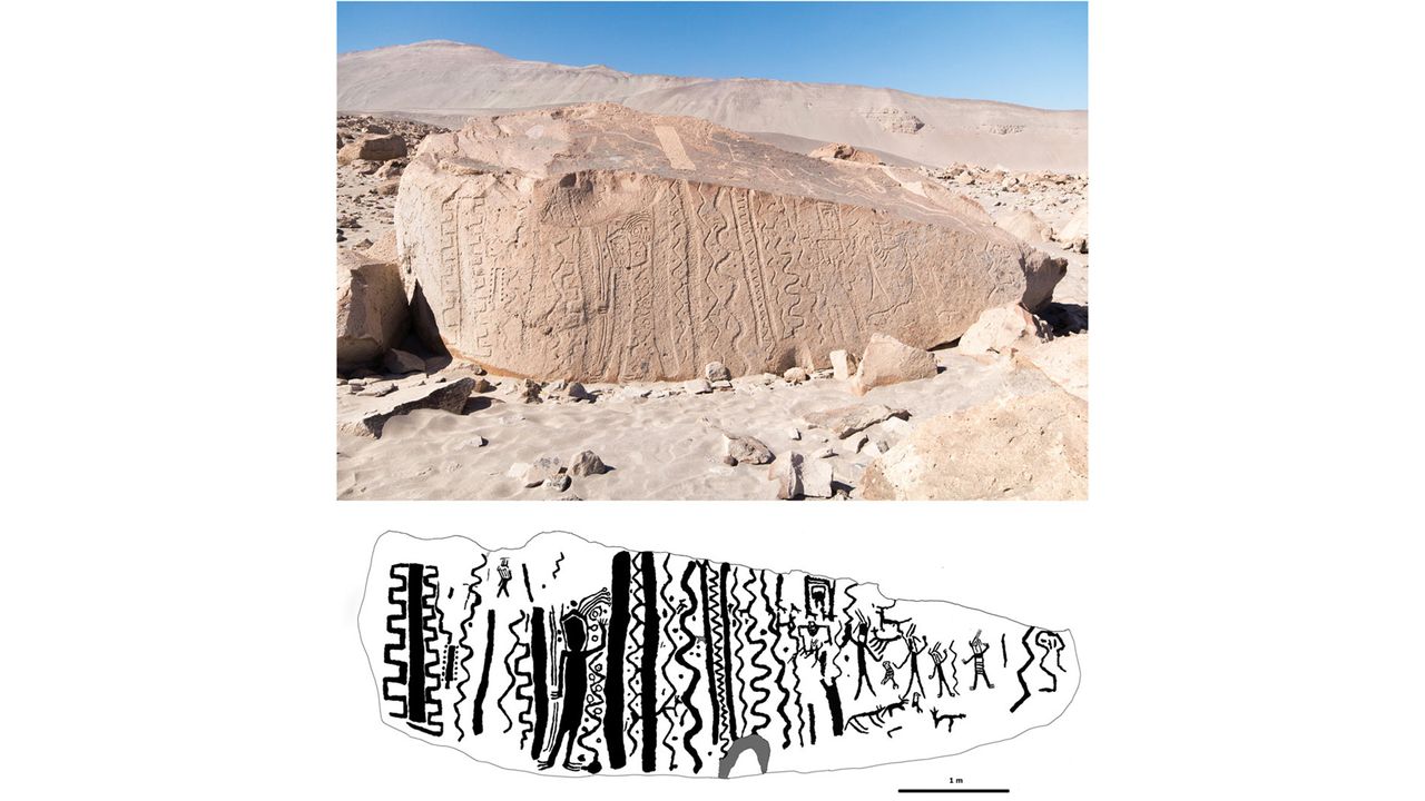 Many of the rocks are carved with figures that appear to be dancing, alongside bands of geometric patterns &mdash; typically zigzags, wavy lines, and dots &mdash; that may represent a parallel world, an afterlife, or the cosmos.